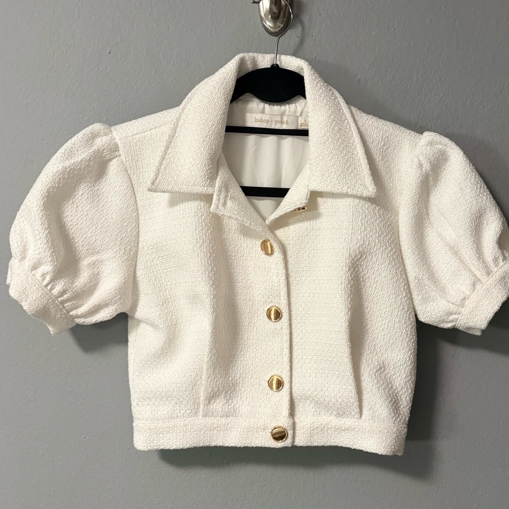 Anthropologie bishop + young Cream Textured Cropped Blazer with Gold Buttons